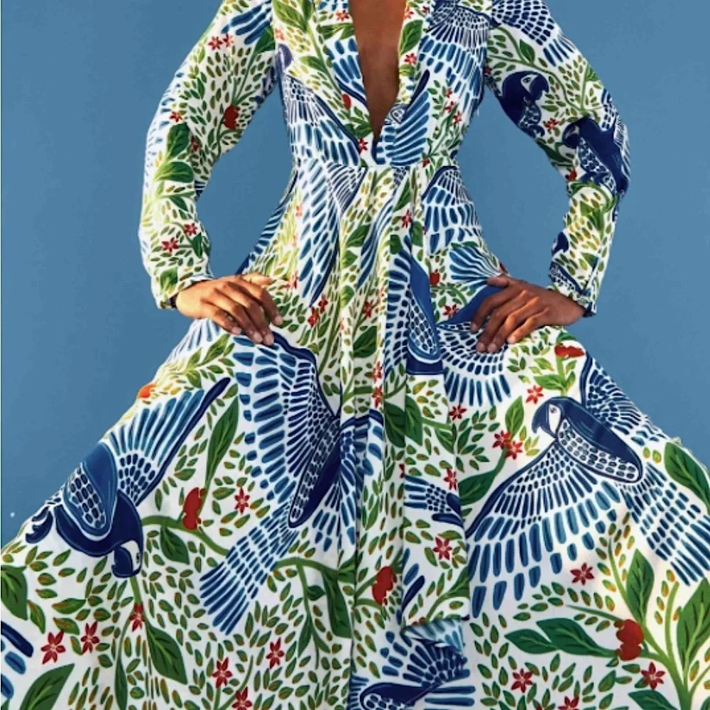 FARM Rio Blue, Green & White Bird-Print Maxi Dress - Picture 1 of 6